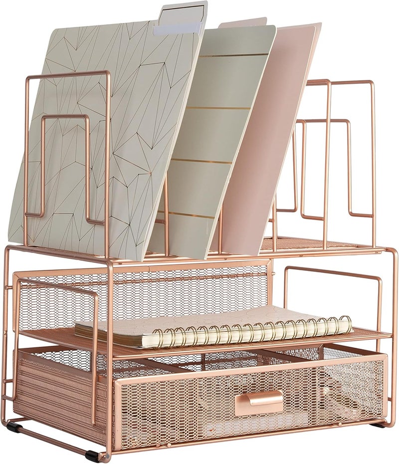 Blu Monaco | Rose Gold Desk Organizer with Drawer | Metal Desk Organizer with File Sorters and Storage Compartments | Office Desk Organizer for Paper Folders and Supplies - Image 1